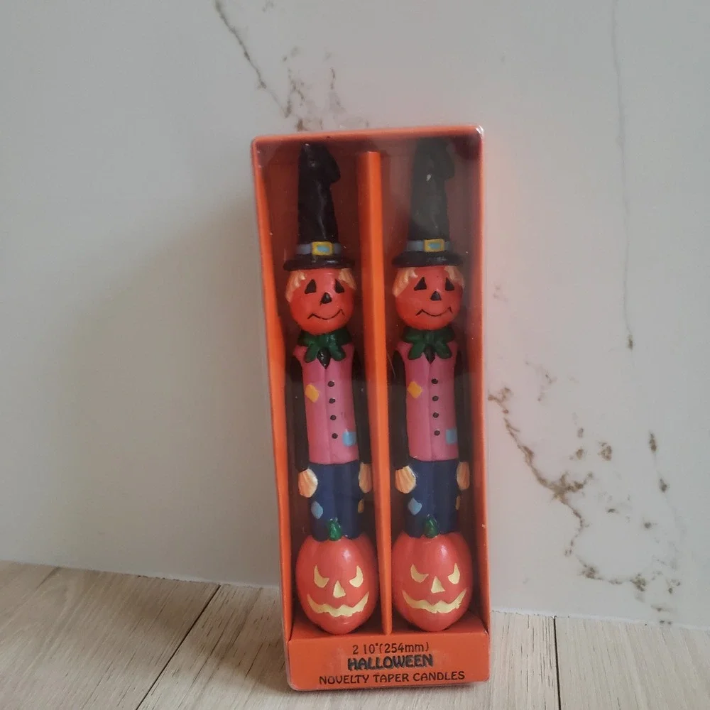 Vintage Novelty‎ Taper Candles Halloween 10 Inch Orange Pumpkin Scarecrow Decor